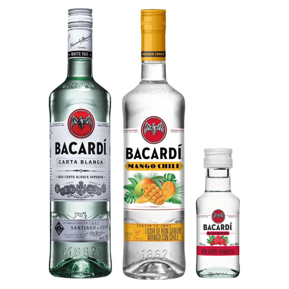 Ron Bacardí Blanco 700 ml + Licor Bacardí Mango 700 ml con Bacardí Raspberry 100 ml
